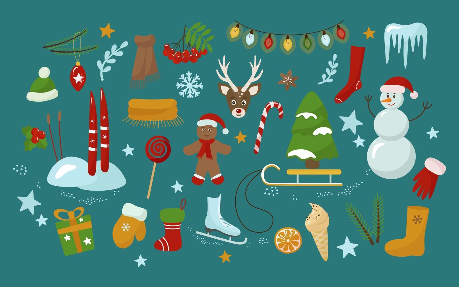 un conjunto de elementos navideños para crear tarjetas navideñas y pancartas. hombre de pan de jengibre, botas de fieltro, esquís, fresno de montaña, guirnalda, bastón de caramelo, muñeco de nieve. vector. vector