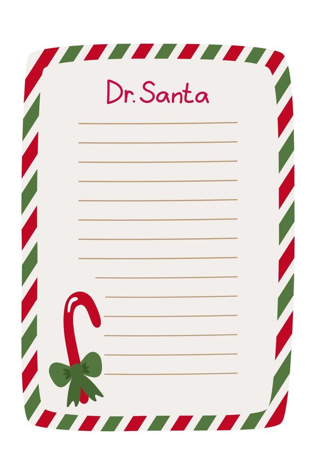 Dear Santa, a letter form in a red and green frame with a candy cane. Vector illustration in a hand-drawn style.