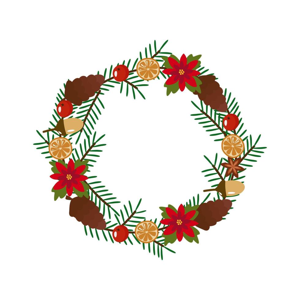Christmas wreath with green fir branches, poinsettia, orange, cones, berries and acorns. New Year vector illustration, postcard, banner, poster.