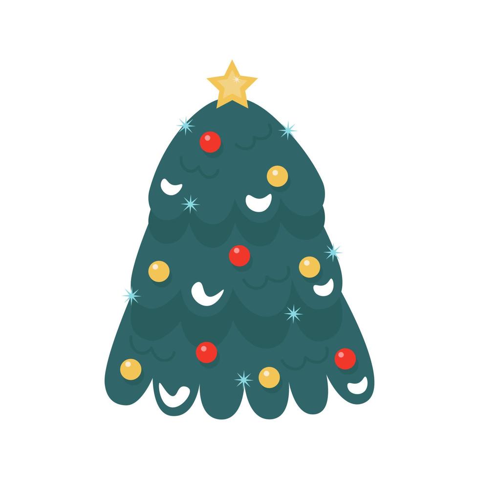 New Year's green Christmas tree. With a star and toys. Cute and cozy vector illustration. For a holiday card, banner, menu, flyer.