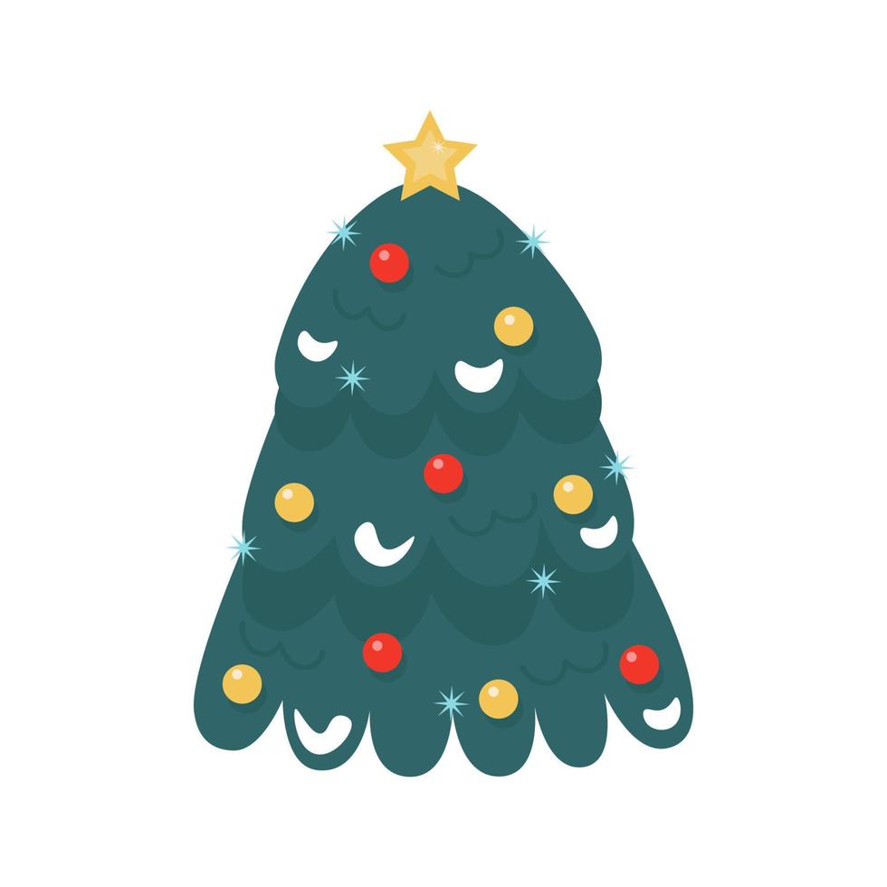 árbol de navidad verde de año nuevo. con una estrella y juguetes. linda y acogedora ilustración vectorial. para una tarjeta navideña, pancarta, menú, volante. vector