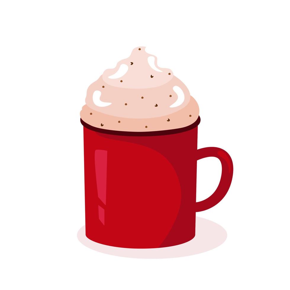 A red mug with cocoa or coffee with whipped cream and chocolate chips. Cute, cozy vector illustration. For a holiday card, banner, menu, coffee shop flyer.