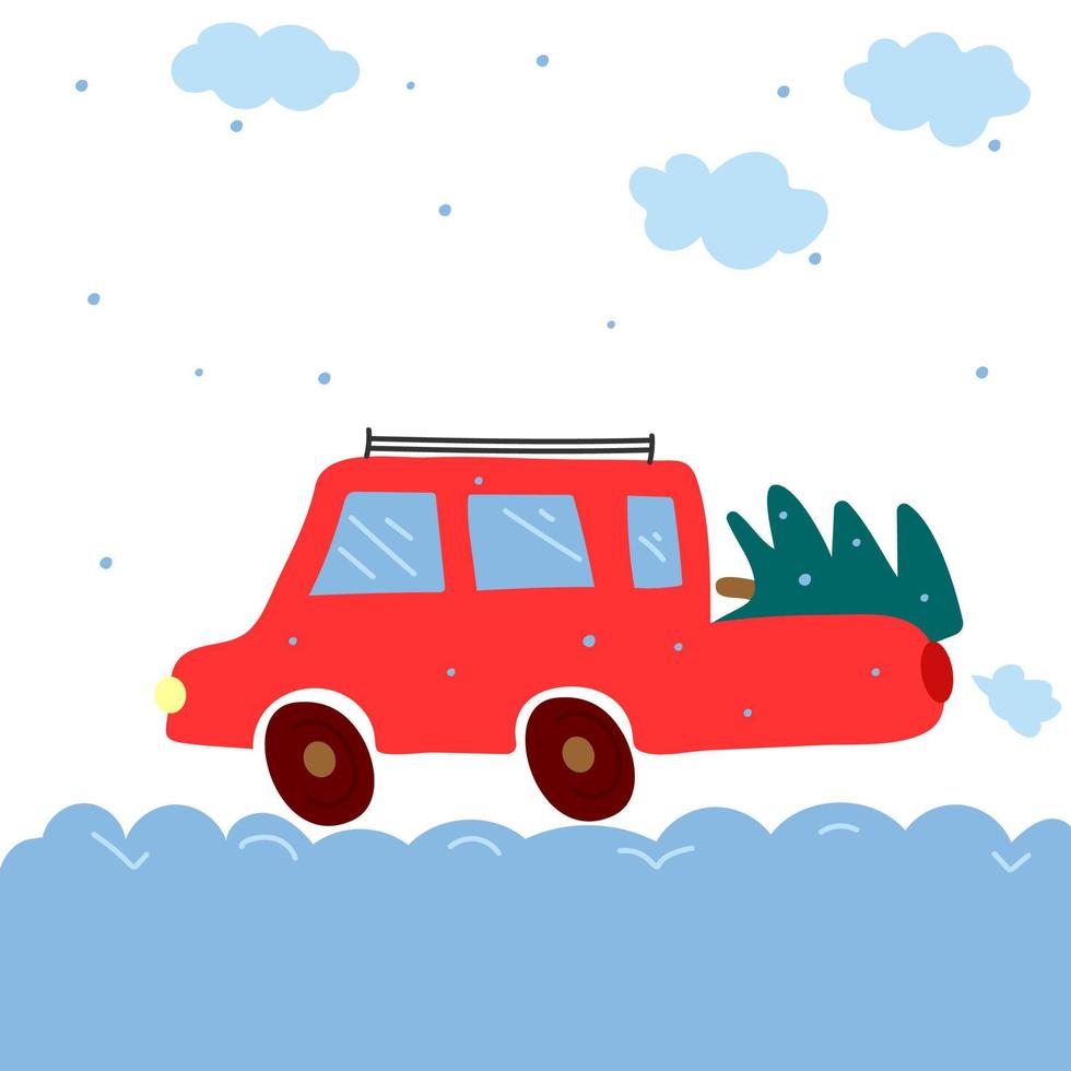 A red pickup truck is carrying a Christmas tree in winter, it's snowing. Vector illustration isolated on a white background.
