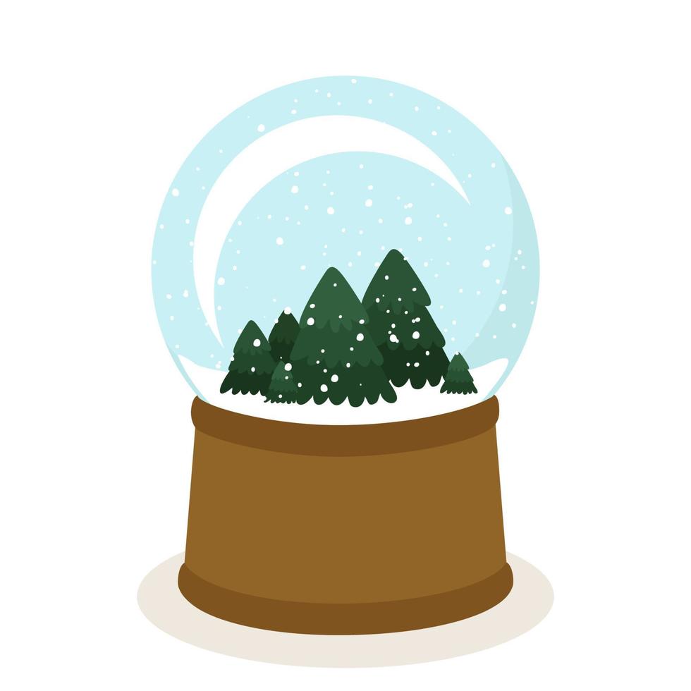 Snow glass ball souvenir with Christmas trees. Winter Christmas vector illustration. For a postcard, design or decor