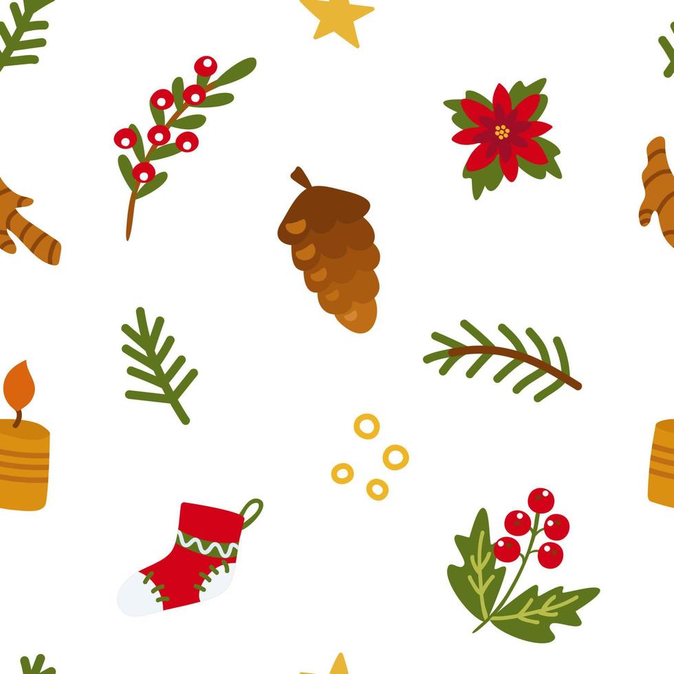 Christmas seamless pattern. Poinsettia, mistletoe, holly, cone, sock, ginger, star, spruce, candle. Vector illustration for design, decor, scrapbooking, printing on paper, fabric