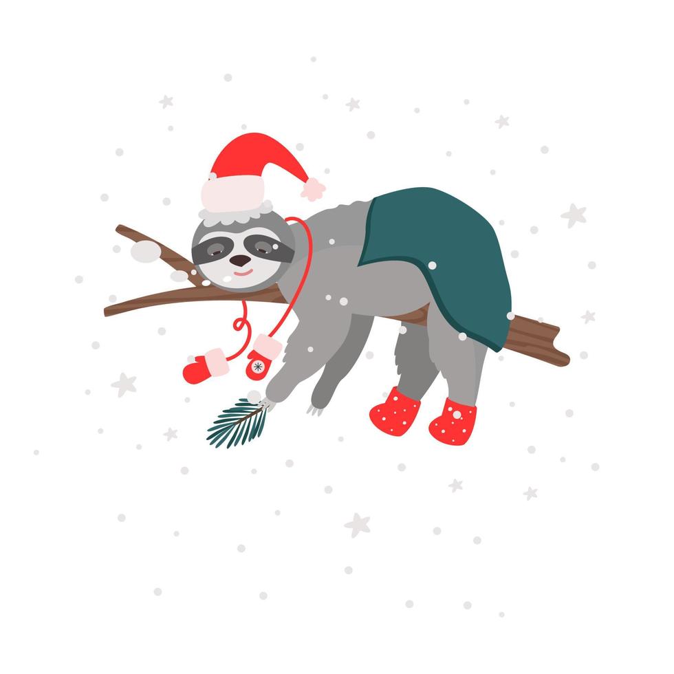 una tarjeta de navidad con un perezoso dormido en un árbol con ropa de invierno abrigada debajo de una manta. ilustración vectorial para diseño y decoración, pancarta vector
