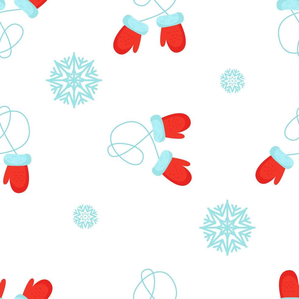 Christmas seamless pattern with mittens and snowflakes on a white background. Festive New Year's background for printing on paper, fabric, textiles, packaging. vector