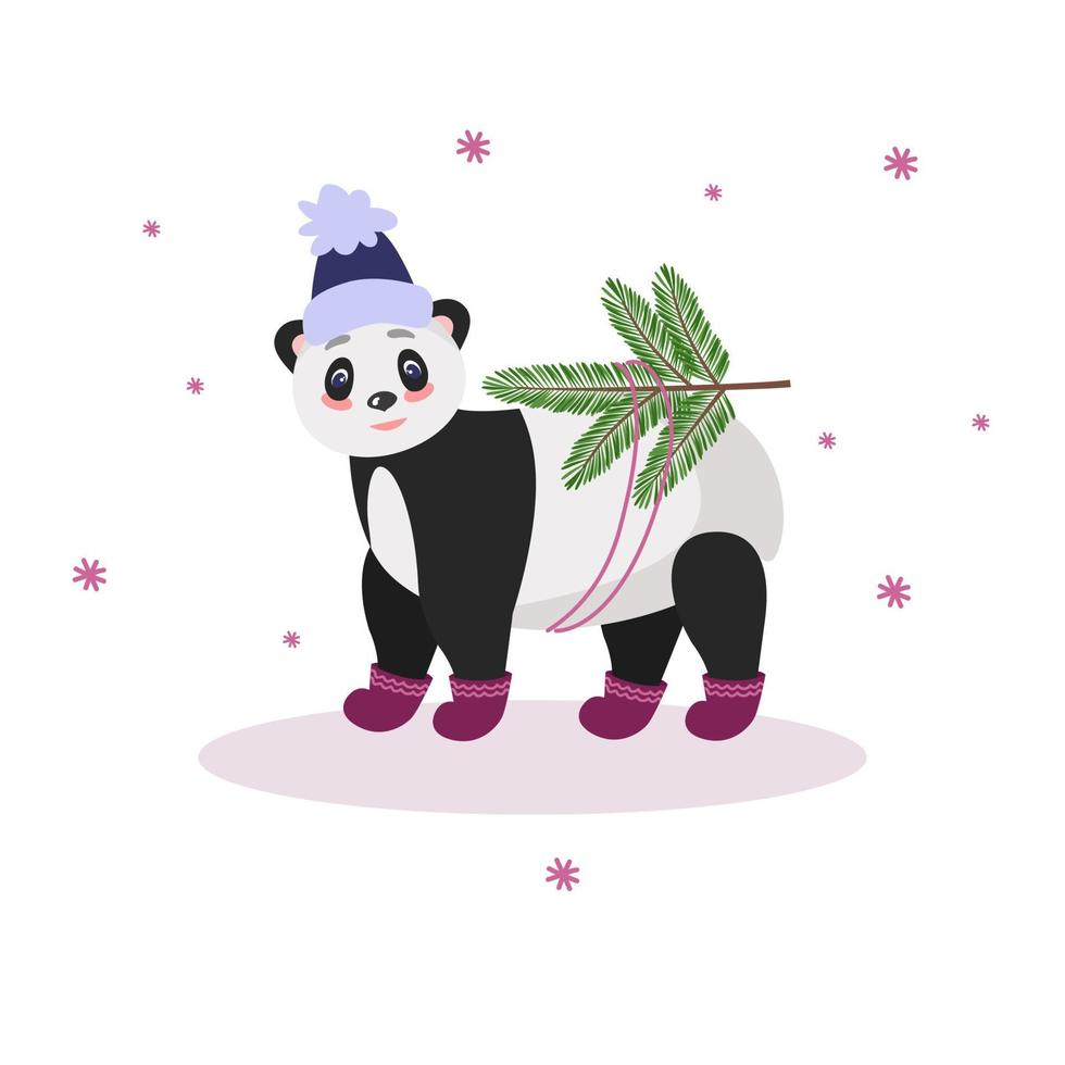 A Christmas card with a panda bear carrying fir branches. In warm winter clothes, a hat and felt boots. Vector illustration for design and decor, banner