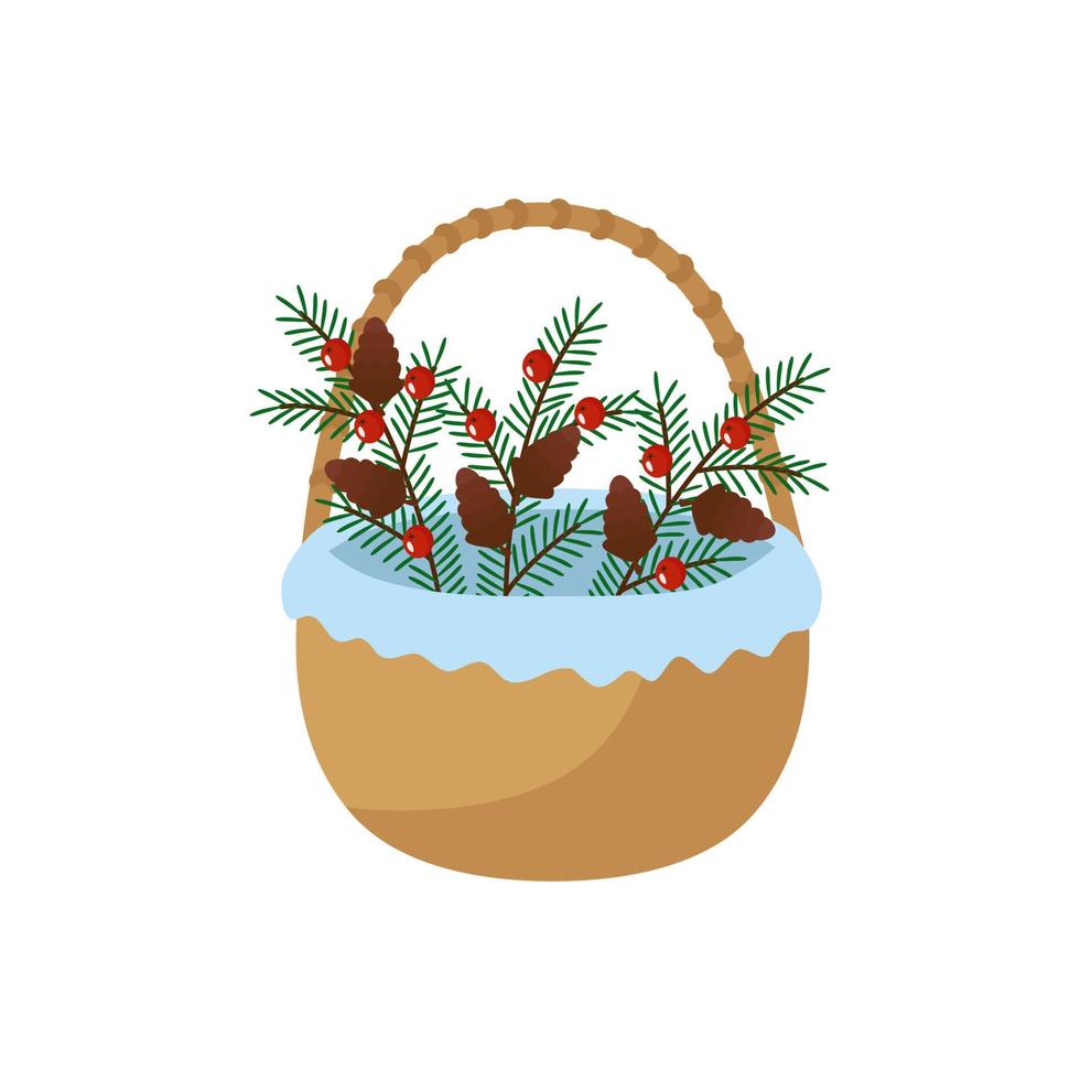 A basket with fir twigs, red berries and cones for the holiday. Christmas vector winter illustration. For postcard design, decor