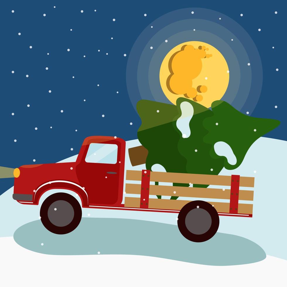 Red car truck with a Christmas tree in the back. Rides on a snowy road with the moon in the background. Vector illustration, postcard, banner, template for design.