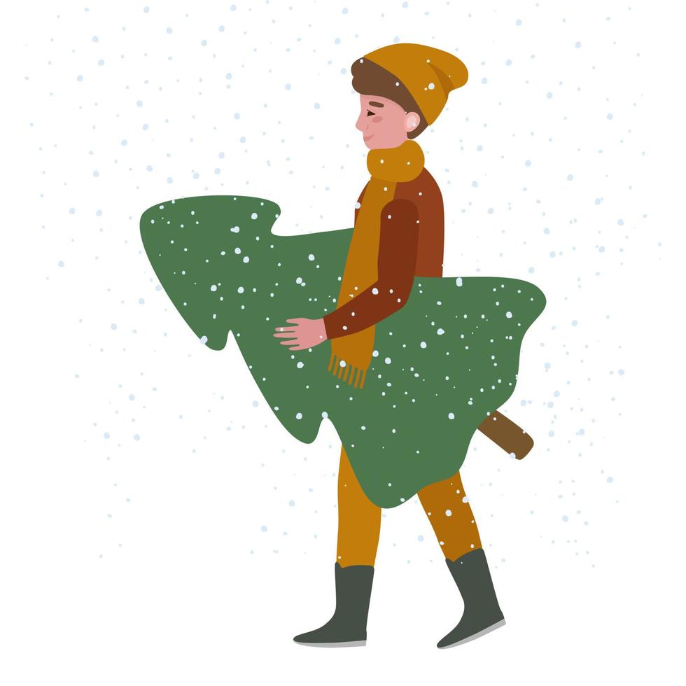 A man carries a Christmas tree home, it's snowing outside. Preparation for the New Year holidays. Vector illustration for a postcard, banner, design or decor