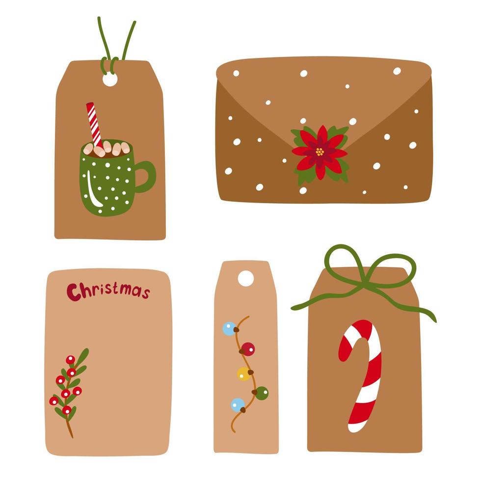 Christmas card, tags, letters and labels. The vector illustration is isolated. For design, decoration