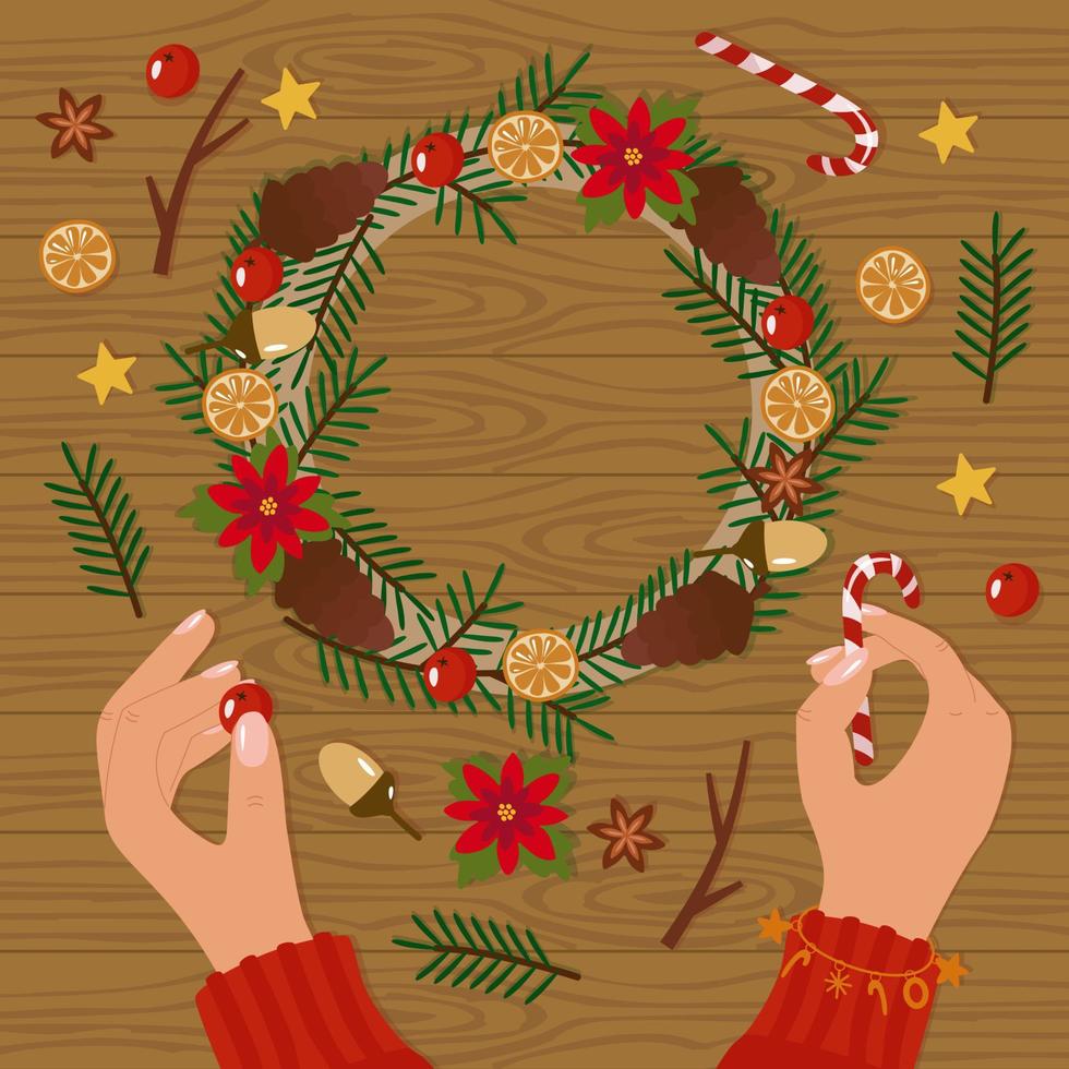 Creating a Christmas wreath top view, flatley concept. Women's hands on the table with decor. Cones, poinsettia, berries, spruce branches, candy cane. Vector illustration