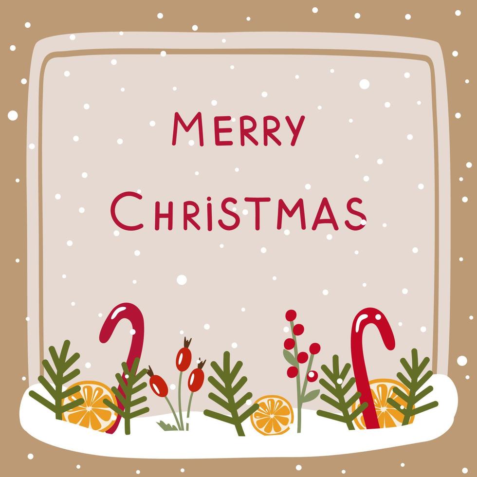 Merry Christmas. Greeting card with text on the background of snow with candy cane, fir branches, berries, orange. Vector illustration, for printing or design