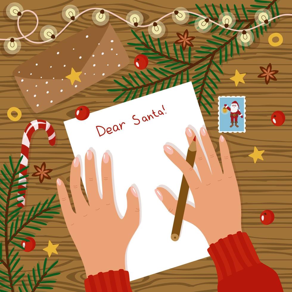 Writing a letter to Santa top view, flatley concept. Women's hands on the table with a pencil and a sheet of paper. An envelope, a stamp, a garland, spruce branches, a candy cane. Vector illustration