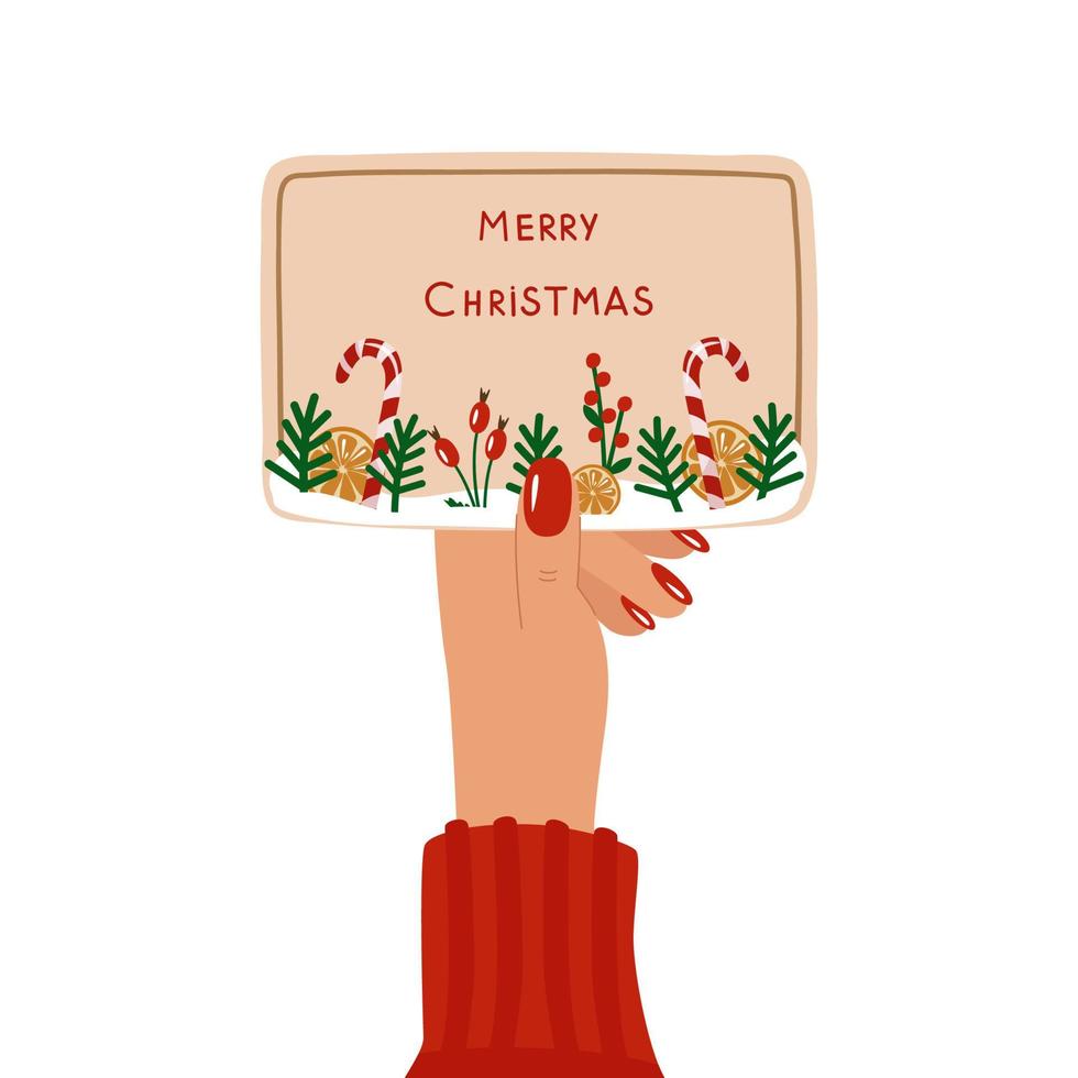 la mano de una mujer con una postal conceptual. Feliz Navidad. ilustración vectorial de invierno en un fondo blanco, para postales, web, pancartas vector