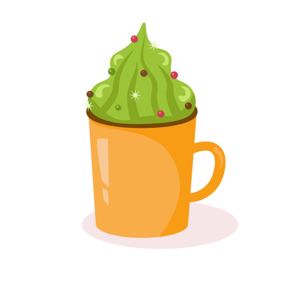 taza amarilla una taza con cacao o café con crema verde batida y gotas de colores. linda y acogedora ilustración vectorial. para una tarjeta navideña, pancarta, menú, volante de cafetería. vector