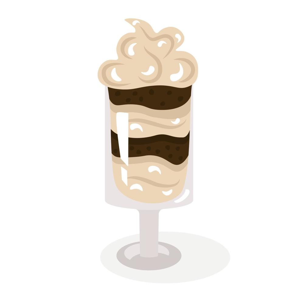 Trifle, a dessert laid out in layers in a glass glass, decorated with whipped cream. Cute, cozy vector illustration. For a holiday card, banner, menu, coffee shop flyer.