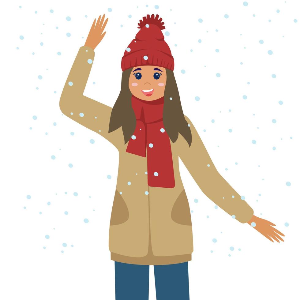 A girl in winter clothes waves her hand in greeting, it's snowing outside. Vector illustration for a postcard, banner, design or decor