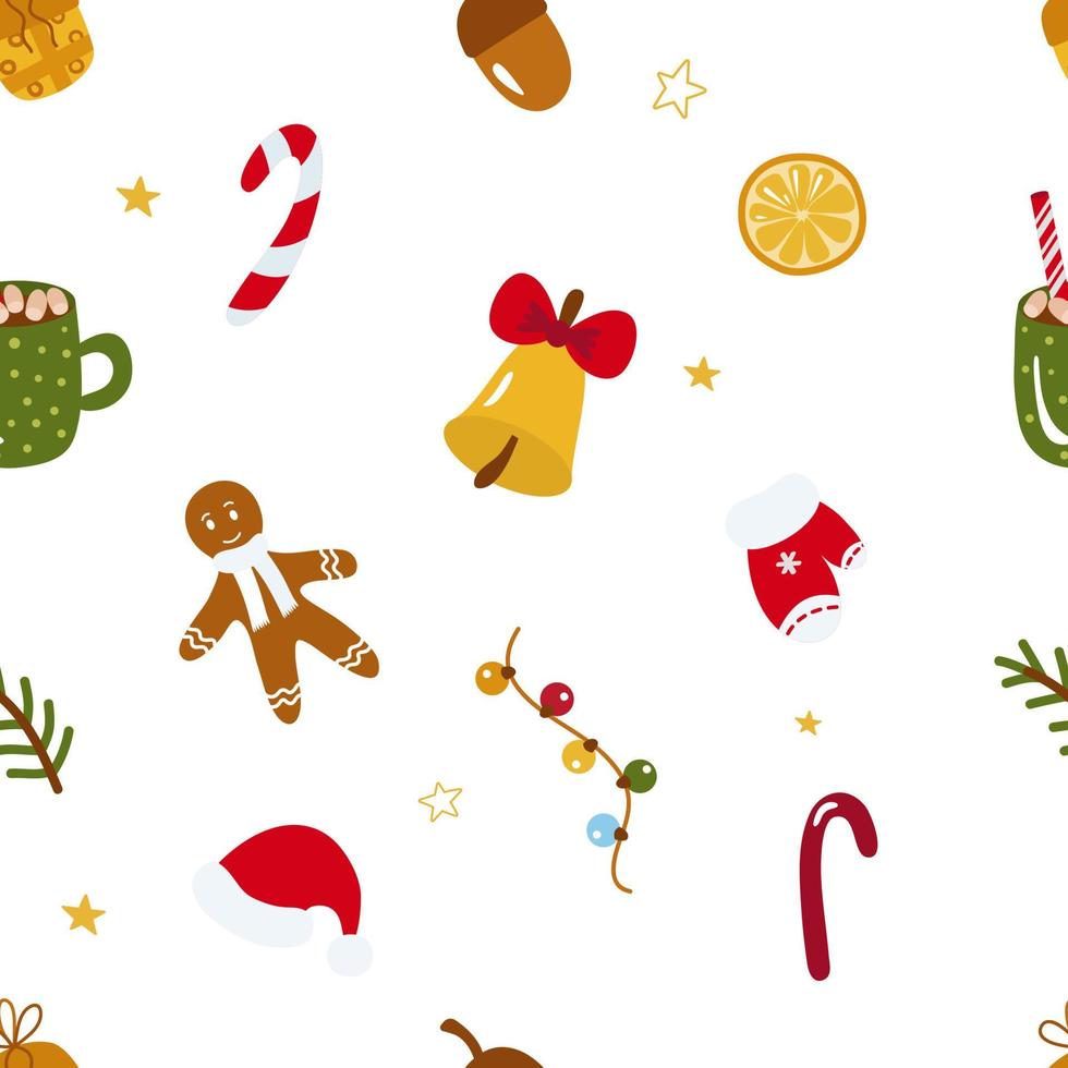 Christmas seamless pattern. Candy cane, mitten, spruce, garland, bell, cap, mug, gingerbread man. Vector illustration for design, decor, scrapbooking, printing on paper, fabric
