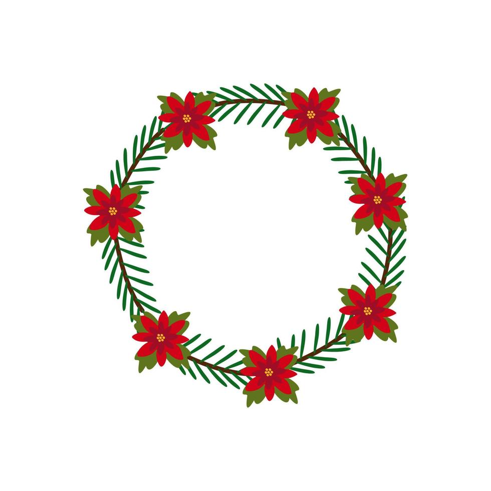 Christmas wreath with green fir branches and poinsettia. New Year vector illustration, postcard, banner, poster.