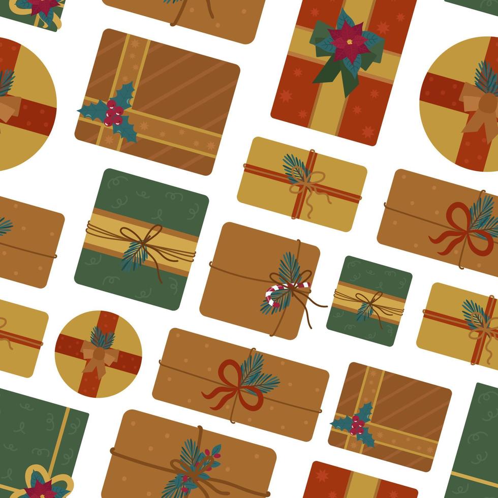 Seamless pattern with Christmas gifts. Tied with ribbons, twine and decorated with fir branches, bows, berries, poinsettia. Vector background for printing on paper, fabric, packaging, textiles