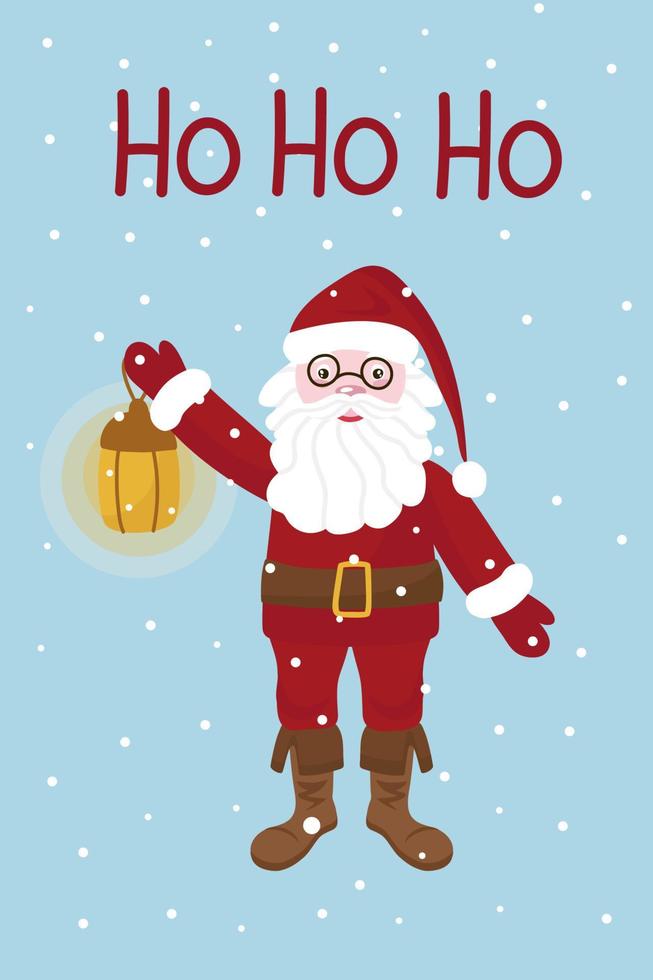 Christmas card Ho Ho Ho with Santa Claus, in traditional clothes and a red hat. He holds a lantern in his hand. Snow is falling. Vector. vector