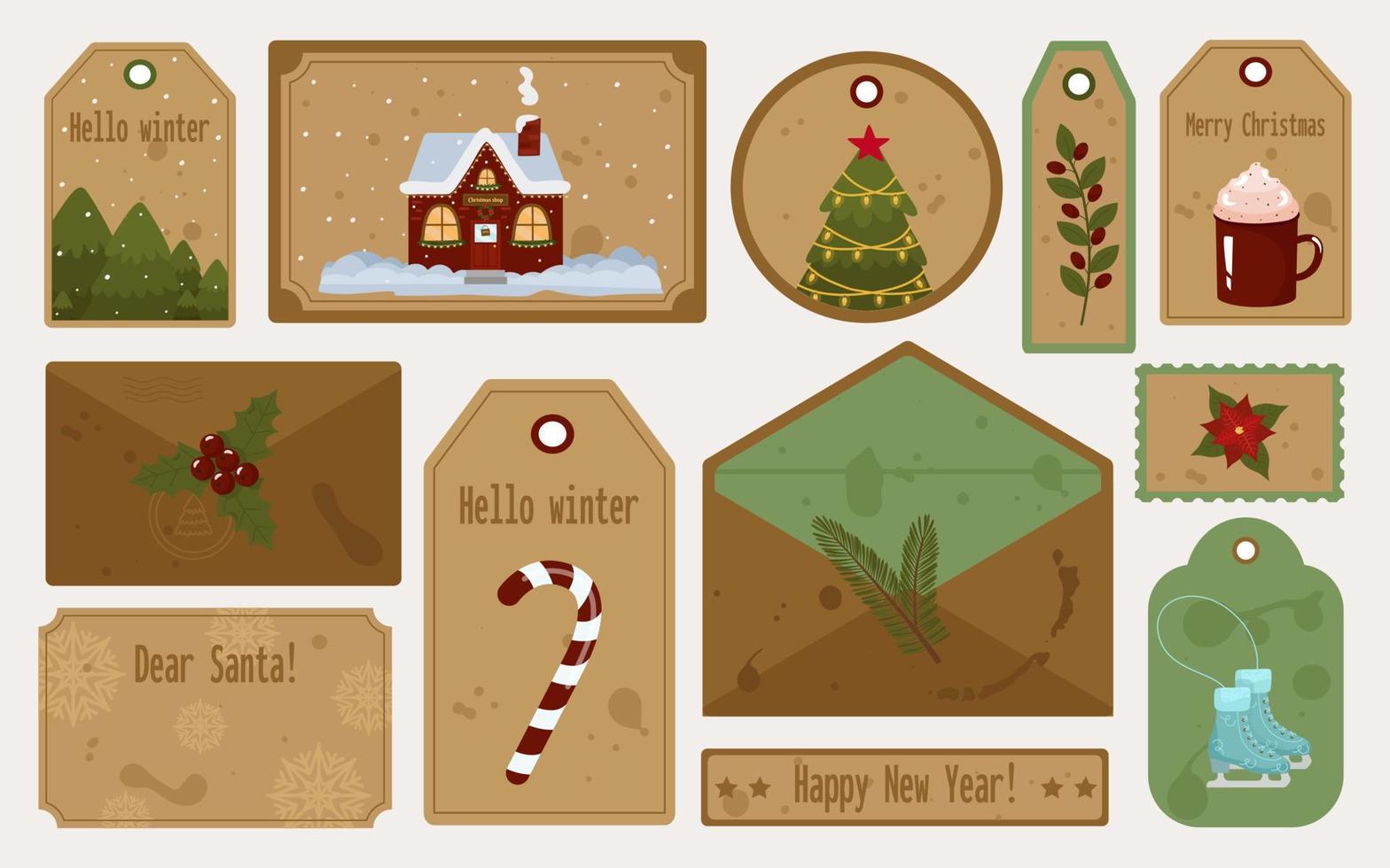 etiquetas retro navideñas, conjunto de cartas y sobres de elementos festivos. con inscripciones a querido santa, feliz año nuevo, hola invierno. ilustración vectorial con manchas y rasguños vector