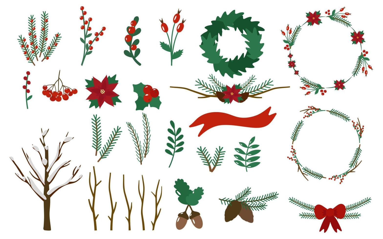 Set of Christmas twigs, berries, wreaths. Holly, poinsettia, Rowan, rose hip, acorn, pinecone. Vector illustration.