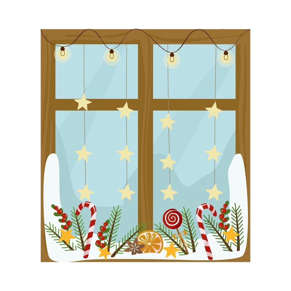 Decorated with beautiful Christmas window. Wood frame, garland, balls and stars, candy canes and fir branches on the windowsill. Vector illustration.
