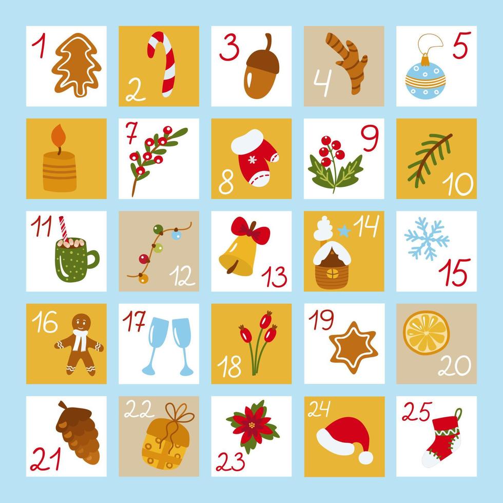 Advent calendar for Christmas. Dates from the first to the 25th on postcards with New Year's pictures. Candy cane, acorn, cookie, poinsettia, boot. Vector illustration.