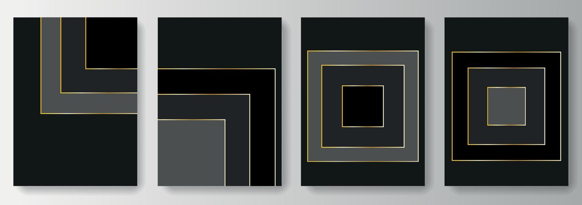 Set collection of black backgrounds with black and gray squares and golden lines vector