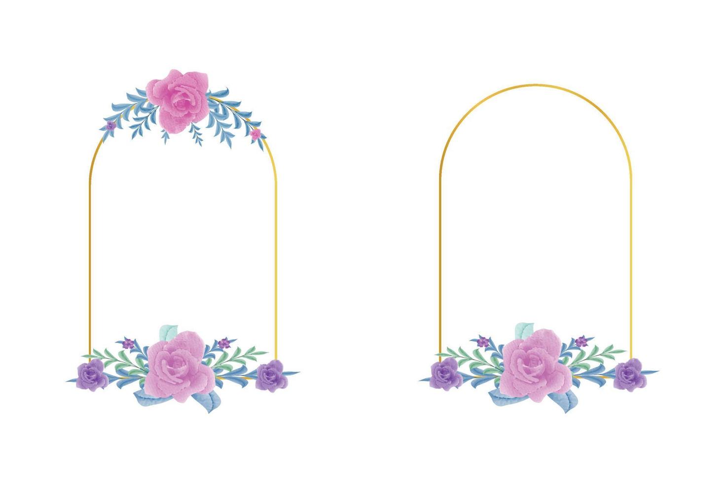 Watercolor floral illustration - leaf wreath, frame with gold geometric shape vector