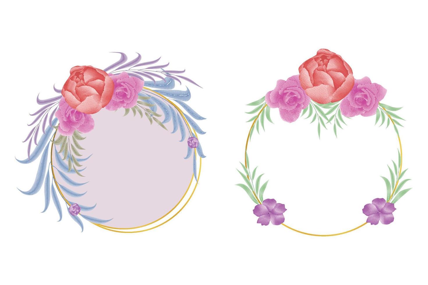 Round gold frame with red peony and pink rose watercolor flowers vector