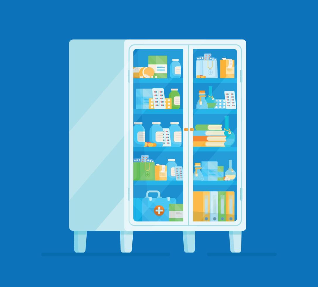 Medical furniture in hospital, trauma center, dentistry. Vector illustration of an insulated transparent cabinet with pills.