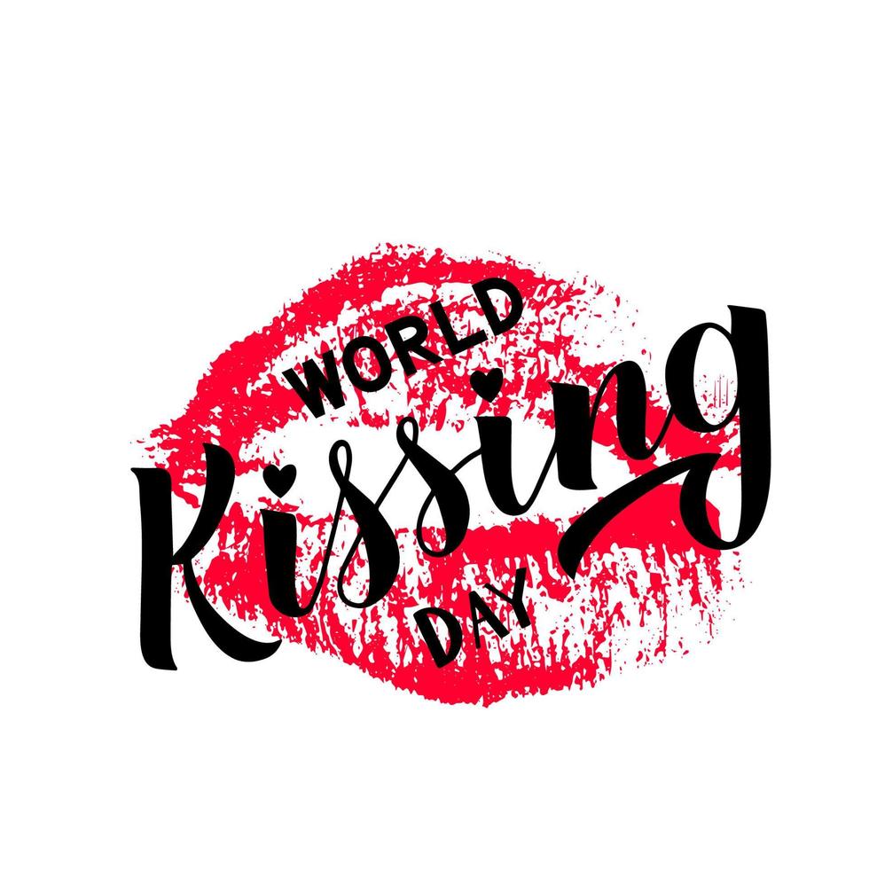 Kissing day hand lettering with lipstick kiss isolated on white. Imprint of red lips. Easy to edit template for typography poster, banner, sticker, flyer, badge, t-shot, etc. vector