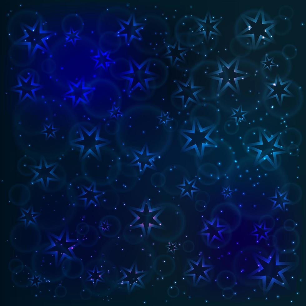 The magic dark blue pattern with glowing neon stars, bubblies and sparkling particles. Space background. Design template. The night sky vector illustration.