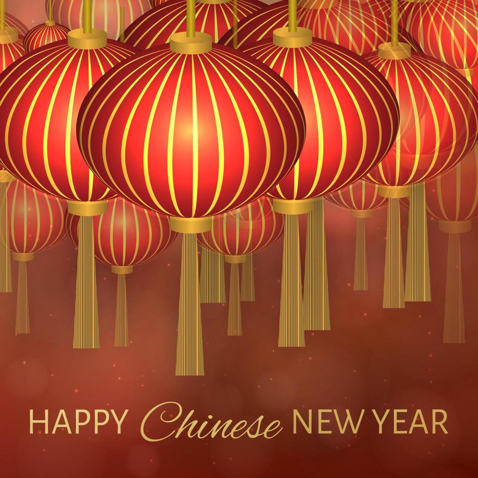 Chinese new year vector illustration with lanterns on dark red bokeh background. Easy to edit design template for your design. Can be used as greeting cards, banners, invitations etc.
