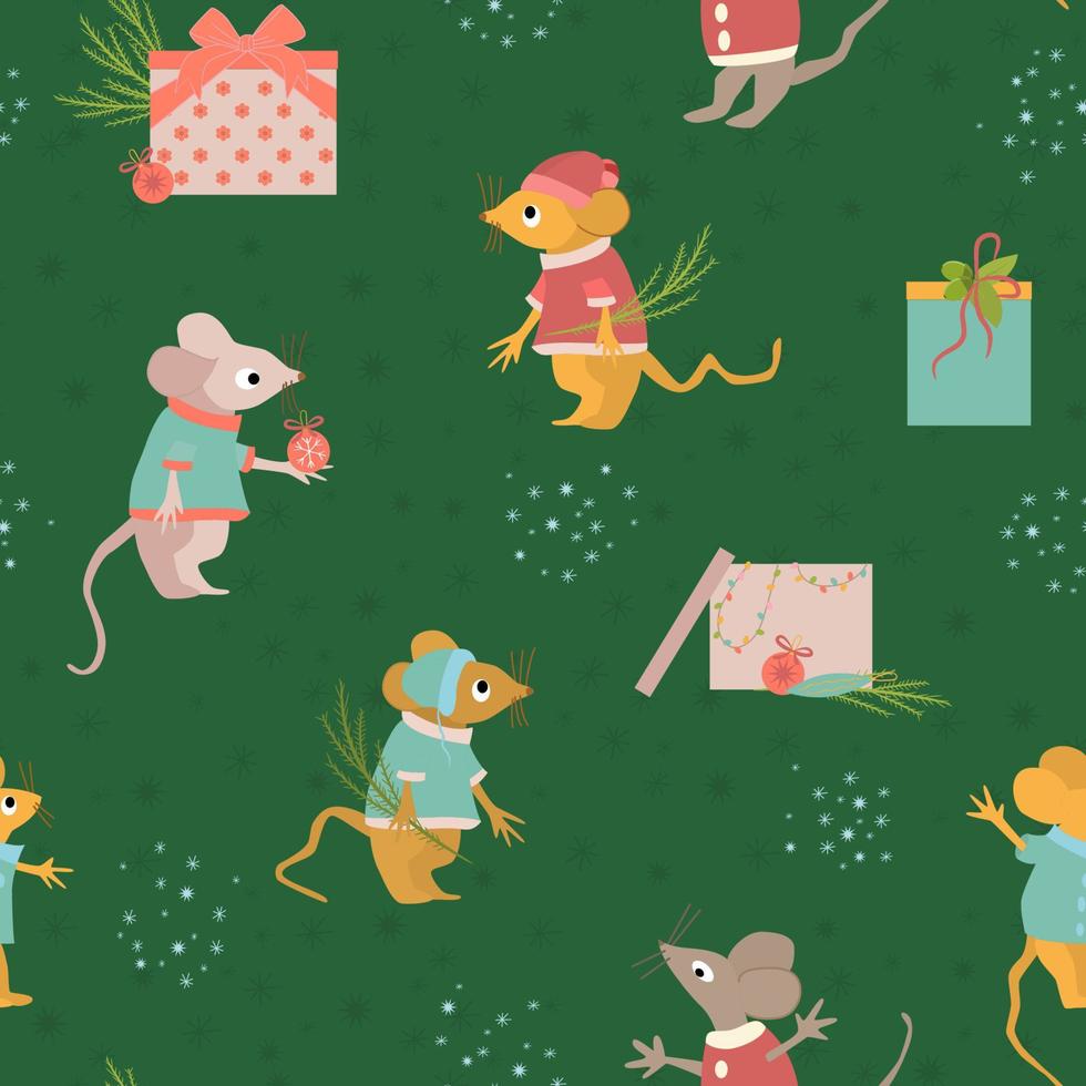 Kids seamless pattern with mice in suits and gift boxes. Christmas illustration with new year symbols. Funny characters of mice with sprigs of spruce and New Year's toys. Green festive background vector