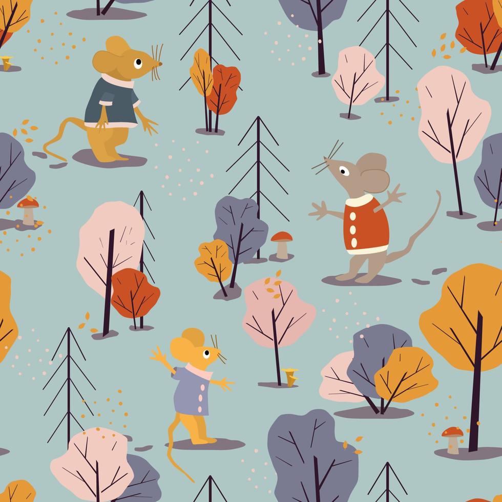 linda ilustración para niños - ratones en el bosque. patrón impecable con ratón, árboles amarillos, piceas, champiñones. fondo de otoño escandinavo. tela, textil, papel pintado. textura creativa de otoño vector