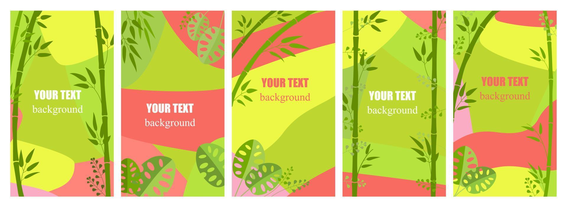 Set of abstract backgrounds in pink and green with space for text. Design of banner, poster, advertising content in networks, social media promotional. Tropical leaves, jungle, bamboo stalks vector