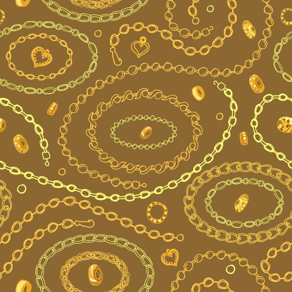 Seamless pattern with jewelry on a beige background. Endless texture with chains, beads, bracelets. Print with jewels. Drawn by hand. Vector illustration for fashionable design.