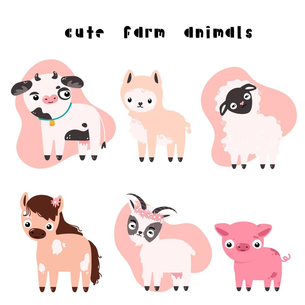 afiche infantil con lindos animales de granja - vaca, llama, cerdo, caballo, oveja, cabra. ilustración de vector plano en estilo dibujado a mano