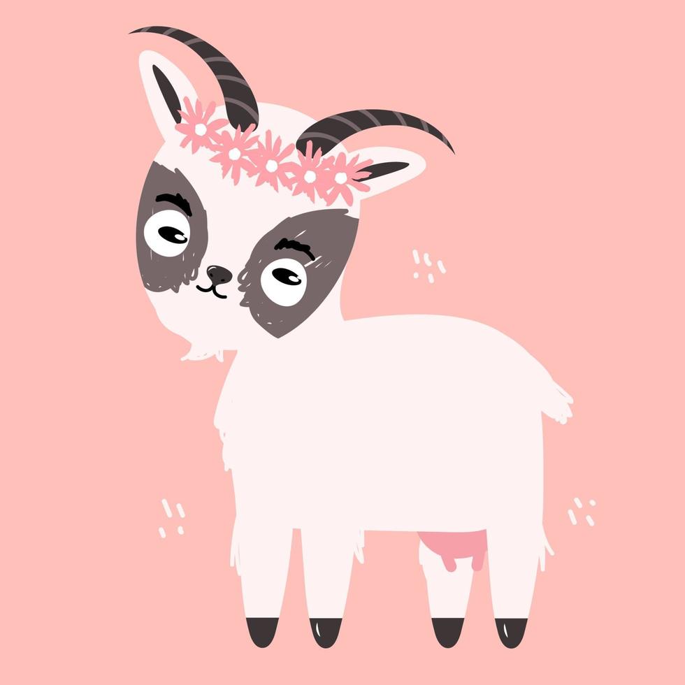 Cute goat in hand drawn style on a pink background. Flat vector illustration