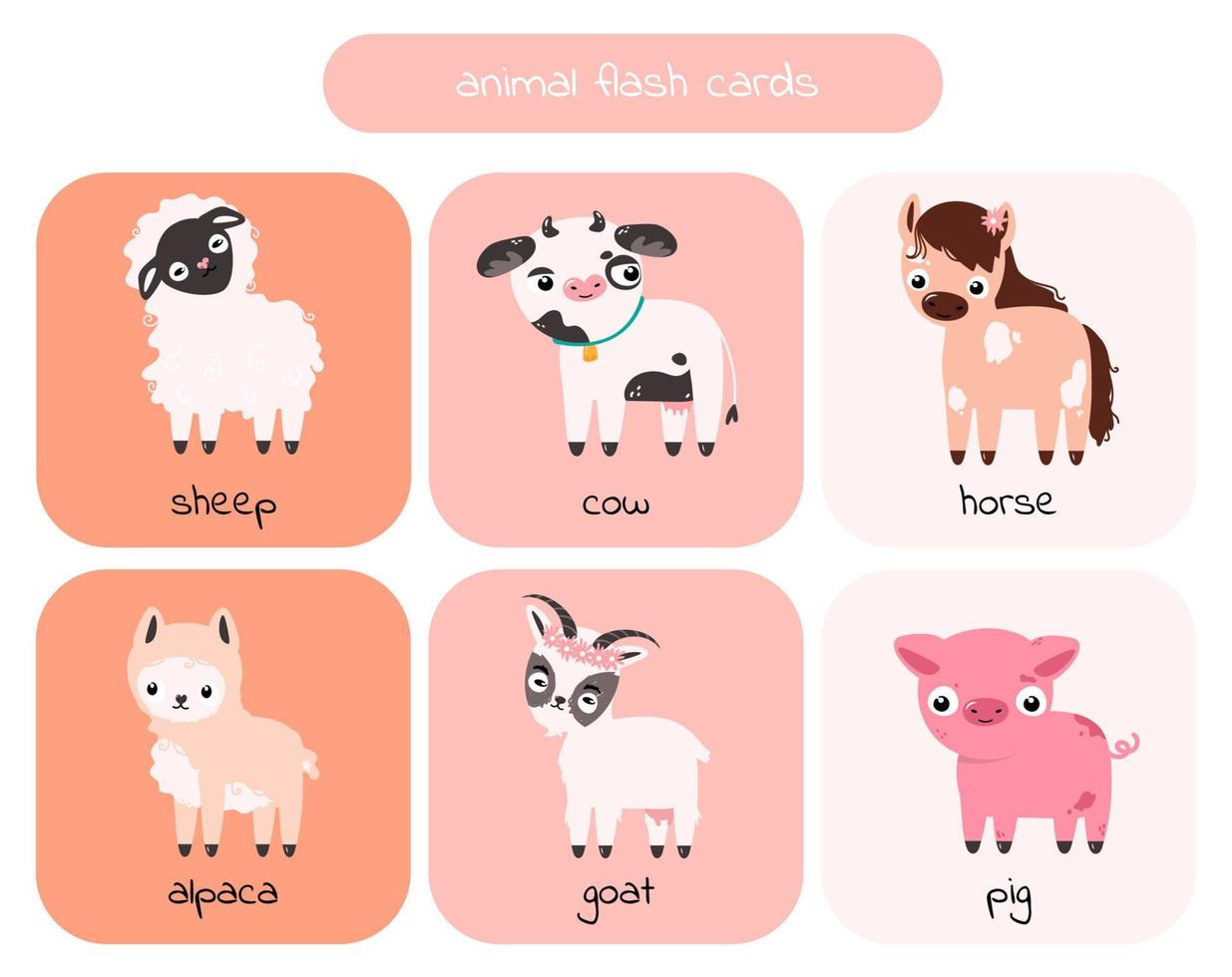 tarjetas de animales para niños en edad preescolar vaca, caballo, cerdo, alpaca, cabra, oveja. ilustración vectorial vector