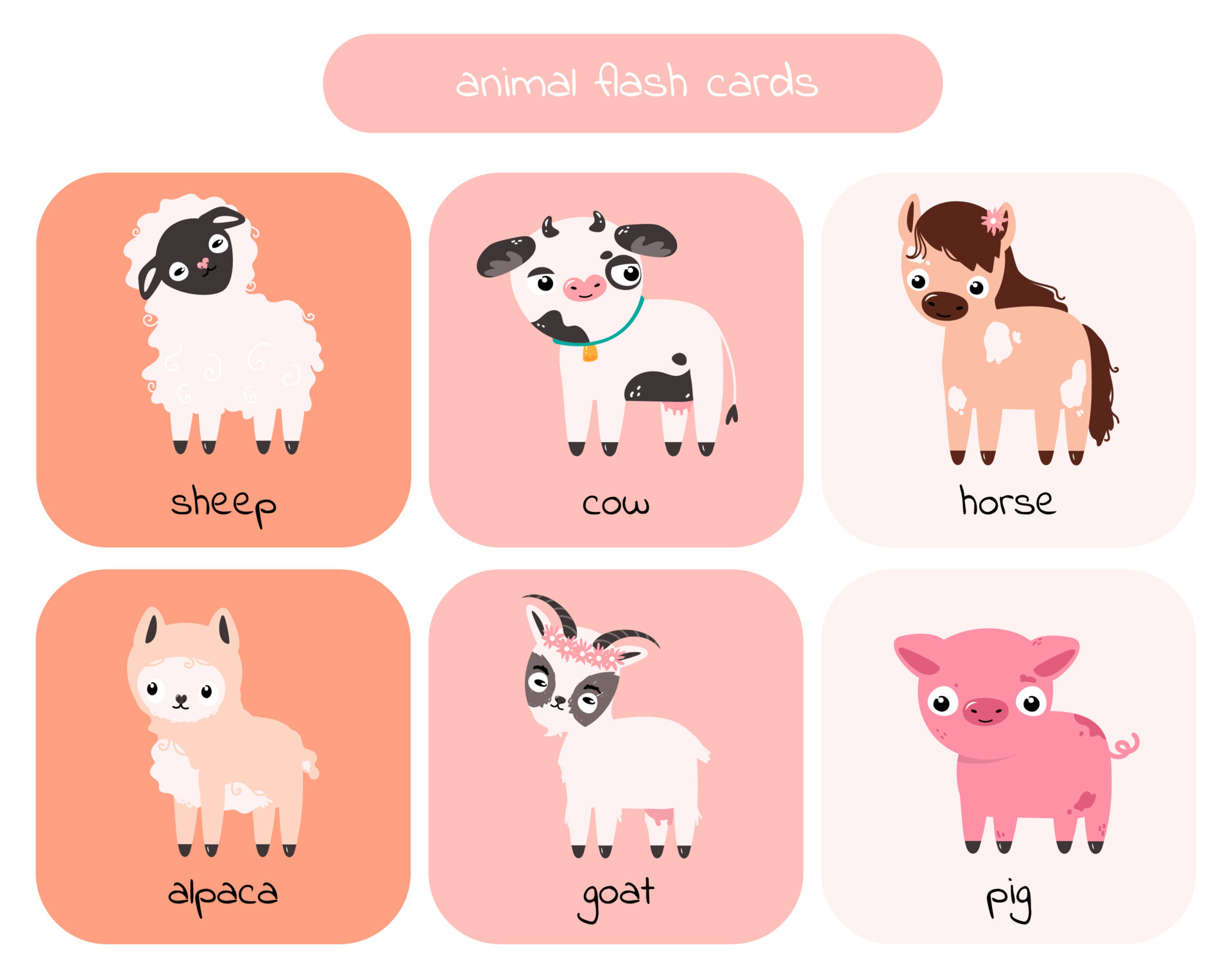 Animal cards for preschool children cow, horse, pig, alpaca, goat, sheep. Vector illustration 6085403 Vector Art at Vecteezy Animal cards for preschool children cow, horse, pig, alpaca, goat, sheep. Vector illustration 6085403 Vector Art at Vecteezy