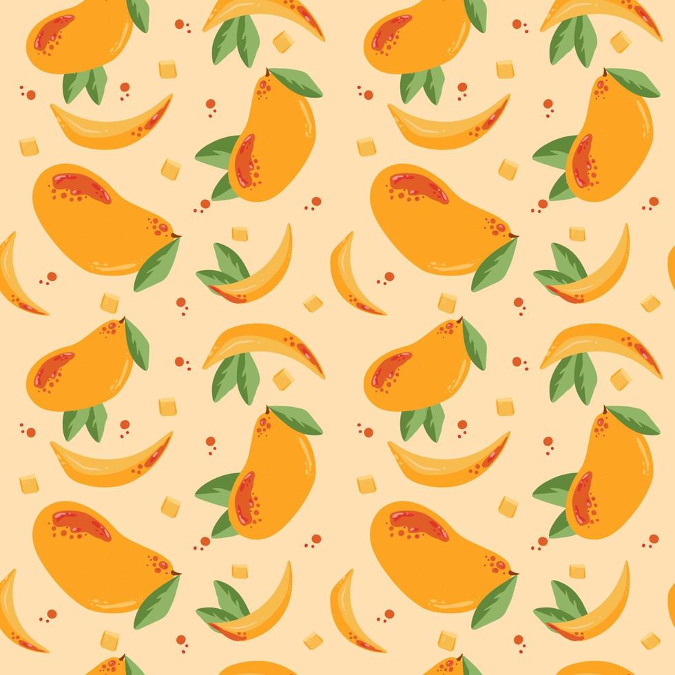 Seamless modern pattern with mango and dots in hand drawn style. Vector summer pattern in orange