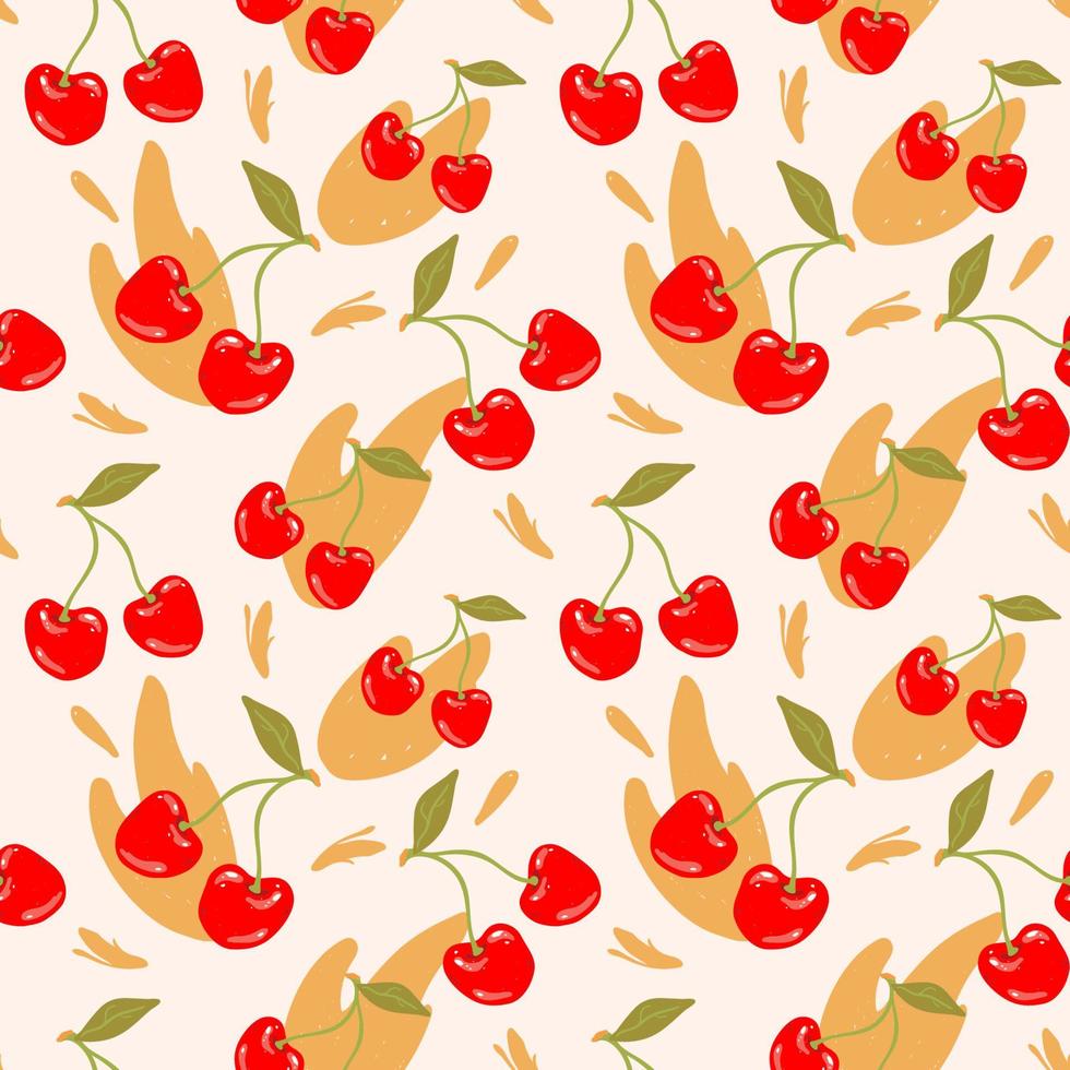 Seamless modern pattern with cherries and splashes in hand drawn style. Vector summer pattern in red