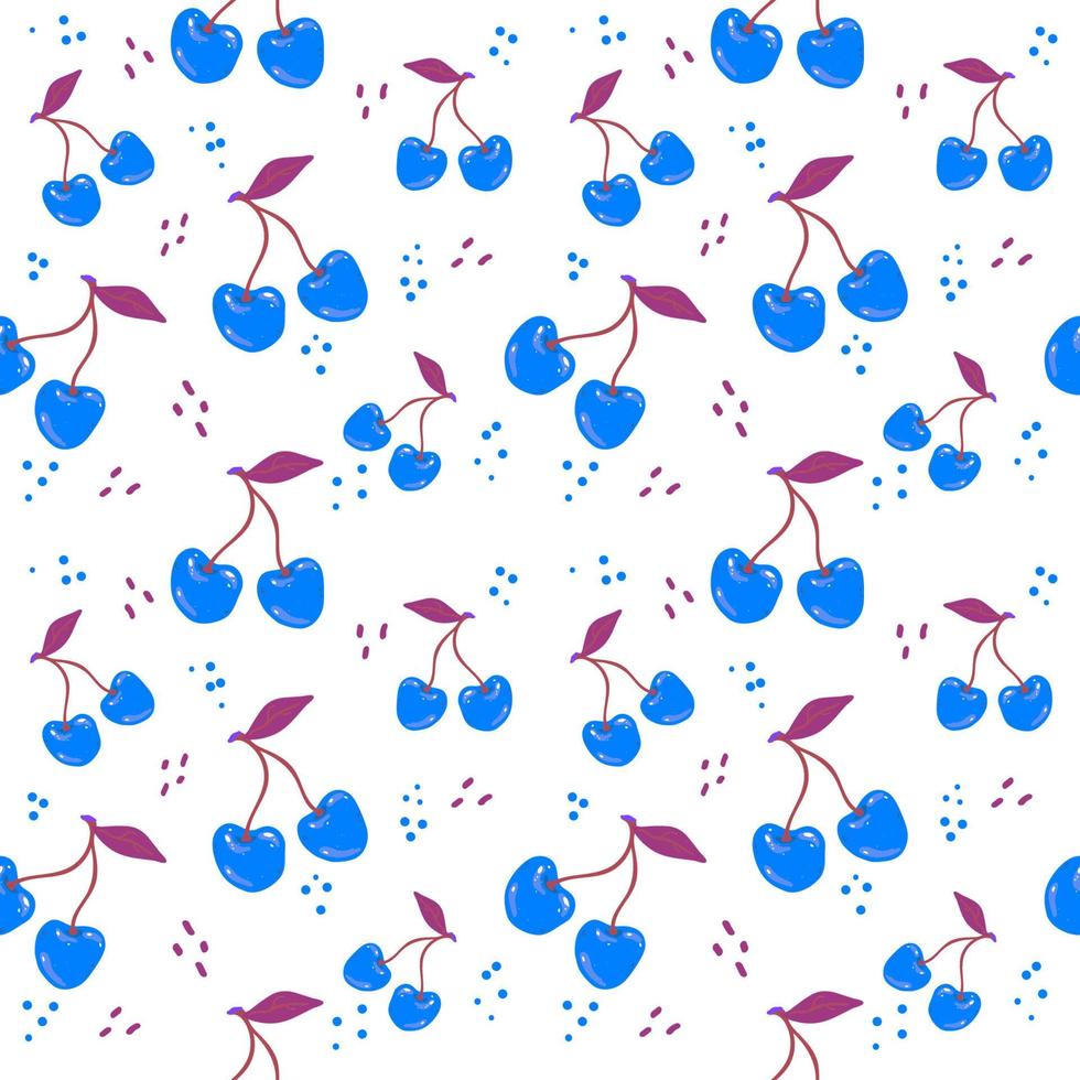 Seamless modern pattern with cherries and dots in hand drawn style. Vector summer pattern in blue