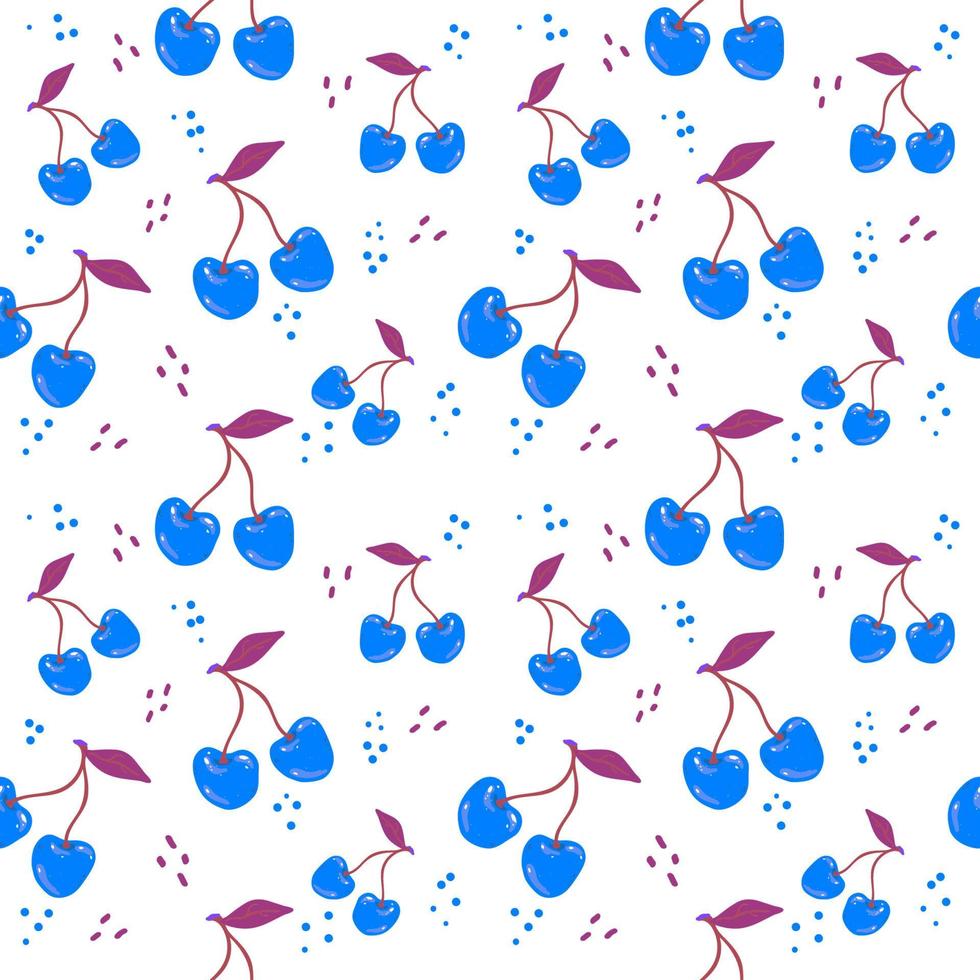 Seamless modern pattern with cherries and dots in hand drawn style. Vector summer pattern in blue